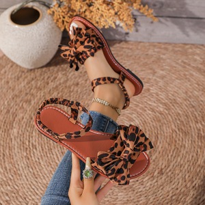 Summer Women Leopard Print Flat Sandals Sweet Big <b>Bow</b> Design Elastic Ankle Strap Casual Beach Sandals - Product Image 5
