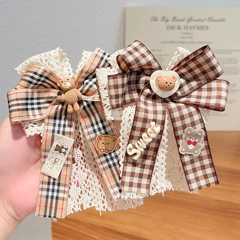 Korean style children's hairpin little girl sweet coffee plaid hair bow with hair clip Embroidery hair accessories for children