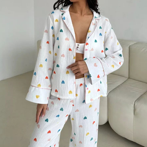 QINSI <span class=keywords><strong>Pigiama</strong></span> Casual da Donna in <span class=keywords><strong>Cotone</strong></span> Stampato Completo Due Pezzi con Maglia a Maniche Lunghe e Pantaloni con Collo a Revers Set Abbigliamento da Casa <span class=keywords><strong>Invernale</strong></span> da Donna - Product Image 2