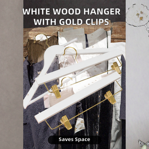 Cintre en bois blanc avec pinces dorées, double niveau, crochet plat, design minimaliste pour l'organisation des vêtements dans le placard - Product Image 2