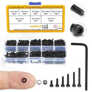 Kit de vis à tête hexagonale M2, écrous, rondelles, 660 pièces, acier allié de qualité 12.9, métrique DIN 912, oxyde noir - Product Image 1