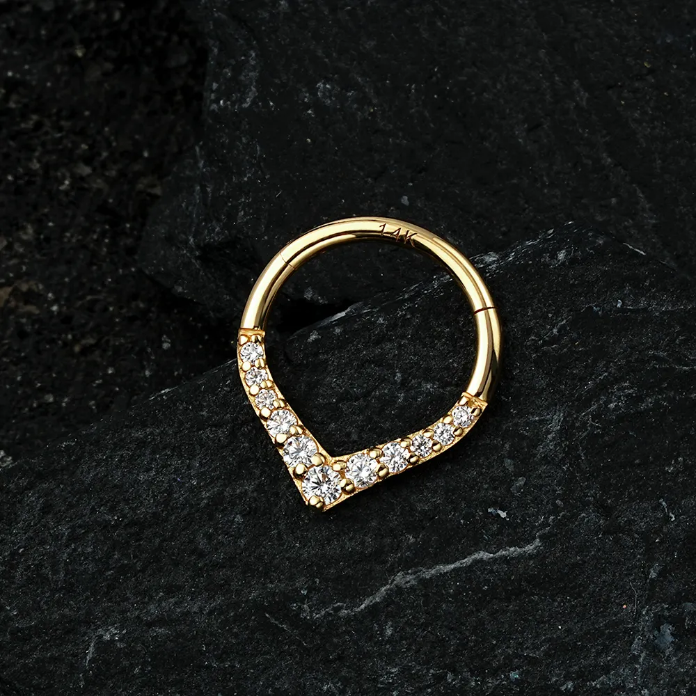 14K emas padat bentuk V Paved CZs segmen cincin hidung berengsel Clicker cincin anting Bodi Pierc perhiasan
