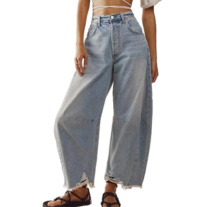 Vaqueros anchos de mezclilla para mujer, de cintura alta, a la moda, lavado claro, informales, cómodos y ajustables. - Product Image 1