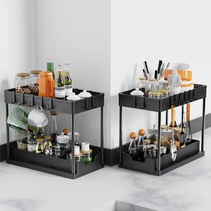 Organisateur de cuisine et salle de bain en plastique à 2 niveaux sous l'évier coulissant avec crochets et supports pour tasses et baguettes - Product Image 3