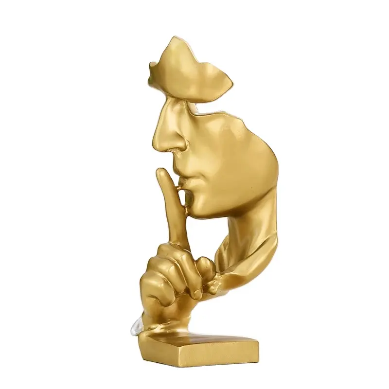 Decor Beeldjes Stilte Is Gouden Abstract Handwerk Houden Stille Denker Standbeeld Model Gezicht En Hand Sculptuur