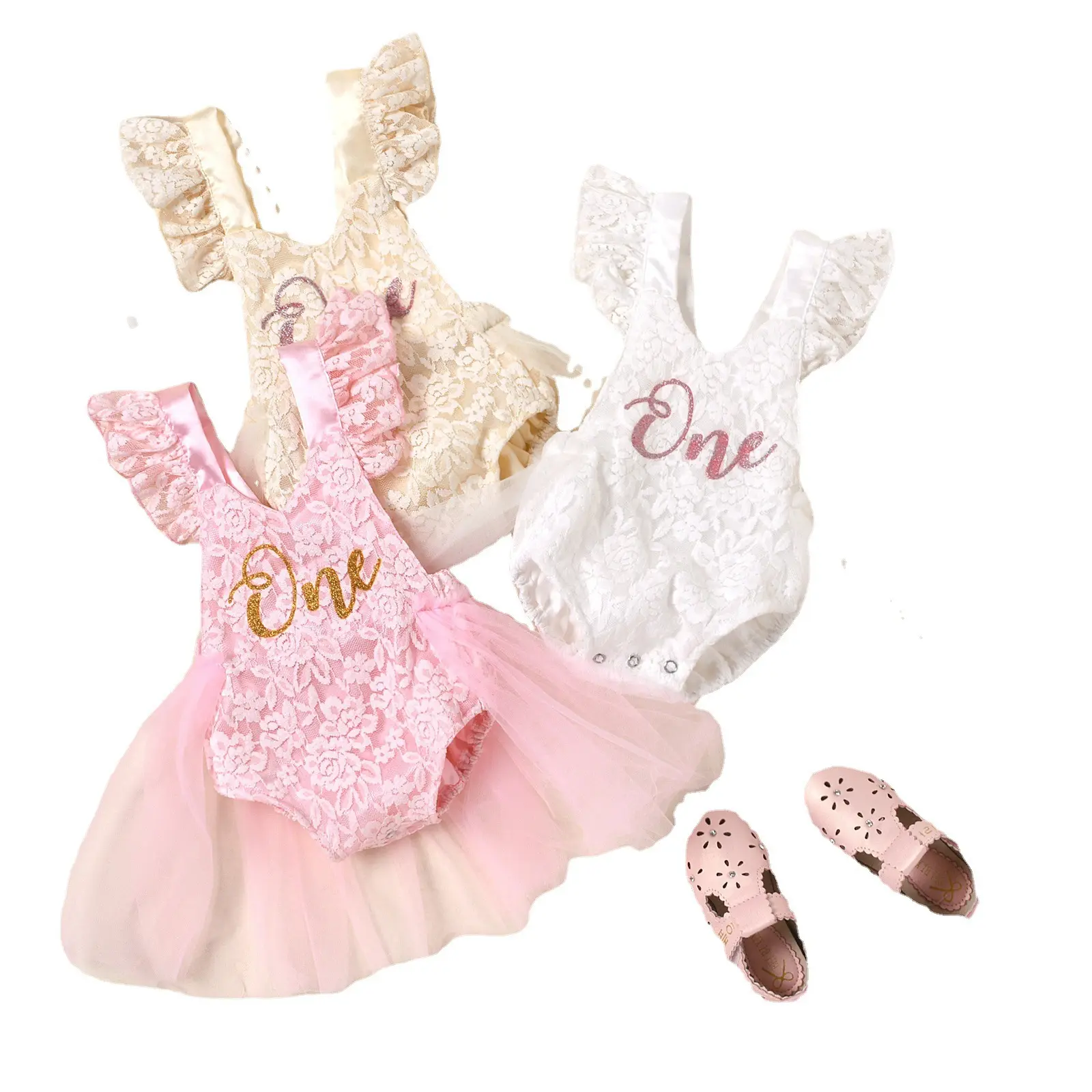 Sommer Baby Kleinkind Mädchen Spitze Rüschen Ärmel rosa weiß beige Blume ein Wort drucken Snap Bubble Prinzessin Stram pler