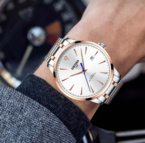 Montres pour hommes de haute qualité en acier inoxydable argenté et or rose avec cadran à rayures solaires littérales de l'usine KINYUED - Product Image 4