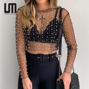 OEM Women's Spring Summer Casual Blouse Sexy Party Long Sleeve T-Shirt With See Mesh Lace Beading <strong>Crystal</strong> <strong>Tops</strong> - Product Image 1