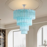 Lustre LED en verre soufflé à la main de style français bleu ciel avec finition argentée suspendu pour salon, chambre à coucher, salle à manger