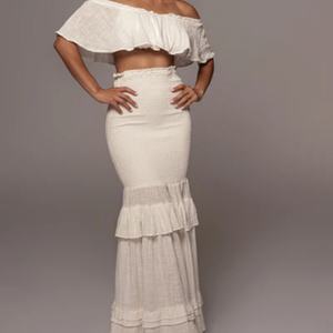 ชุดเซ็ต 2 ชิ้น กระโปรงยาวทรงเข้ารูปเอวสูงจีบสีพื้นใหม่ พร้อมเสื้อแฟชั่นผู้หญิง แต่งระบายชายกระโปรงแบบเค้ก - Product Image 2