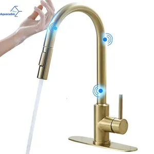 USA Cupc Certified Touch Technology Solid Brass Gold Color Pull Down Kitchen Sink Faucet