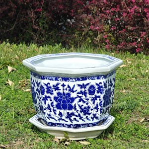 Pot de fleurs en céramique de Jingdezhen, porcelaine bleue et blanche, pot octogonal Hibiscus, plateau, balcon, plante verte d'extérieur, fait main, chinois - Product Image 2
