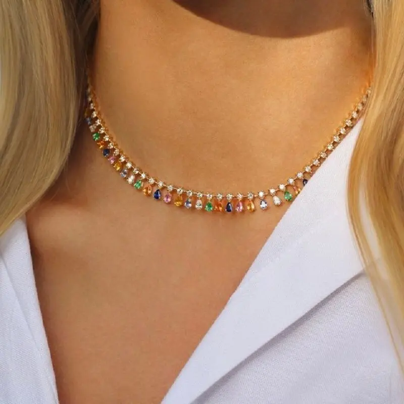New Arrived Rainbow Cubic Zirconia Fashion Jewelry Tear Drop Charm CZ Tennis Chain Choker Necklace For Women