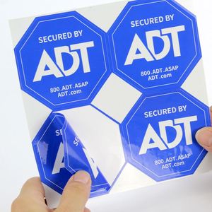 สติกเกอร์ป้ายเตือนความปลอดภัย ADT แบบกันแสง พิมพ์สองด้านตามสั่ง สติกเกอร์รูปแปดเหลี่ยมสีน้ำเงิน - Product Image 1