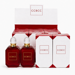 burgundy red octagonal glass bottle, clear crystal droplet cap, gold metal <b>spray</b> ring, white and red color matching gift box - Product Image 1