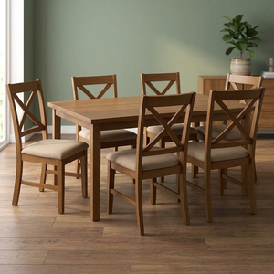 Modernes Teakholz 6-Sitzer Esstisch-Set mit Gepolsterten Stühlen mit Kreuzlehne - Product Image 3