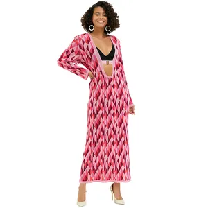Outside Vacation Lace-up Loose Printed Bikini Blouse Sun Protection Clothing Women's Long Beach Bohemian Dresses Cardigan