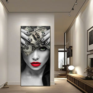 Moderne Abstrait Rouge Lèvres Femme avec Dollars Toile Peinture À L'huile Décor À La Maison Mur Art Affiche Imprimer pour Salon - Product Image 1