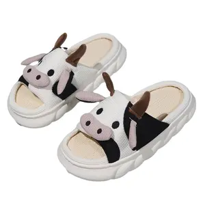 High Quality Indoor Home House Cotton Linen Slippers Women EVA Sole Open Toe Thick Sole Cute Animal Cartoon Cow Slippers