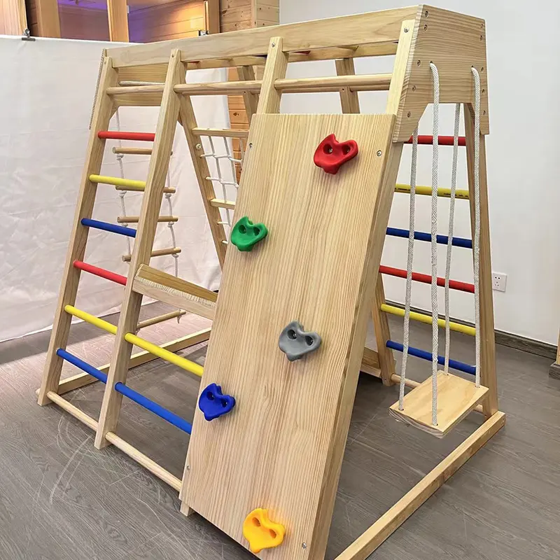 Children indoor wooden slide swing set wooden climbing frame and Climbing nets Crawl Wooden climbing ladder