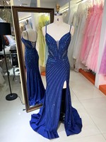 Robe de soirée longue, coupe trapèze, bleu roi moderne, col en V, bretelles spaghetti, à lacets, fente haute, personnalisable, vente en gros, direct usine