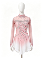 Robe de patinage artistique pour filles, rose et blanc dégradé, col montant, manches longues, en Spandex/Nylon, dos évidé, ornée de strass