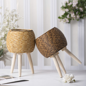 Rattan Woven Flower <b>Pot</b> Round Freestanding Desktop Plant <b>Stand</b> Large Size Decorative Storage Container - Product Image 2