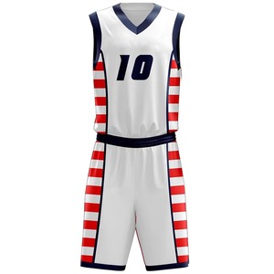 Conjunto de Uniforme de Baloncesto Sublimado Personalizado de Secado Rápido, Unisex para Adultos, 100% Poliéster, sin Mangas, con Cuello en V y Rayas Blancas y Rojas - Product Image 1