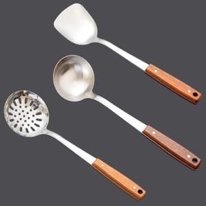 Ensemble spatule et cuillère en acier inoxydable, 2 pièces, manche en bois épais, ustensiles de cuisine robustes pour la cuisson - Product Image 2