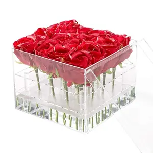 Pot de roses en acrylique doré, 16 trous, boîte à fleurs carrée décorative avec 2 niveaux amovibles