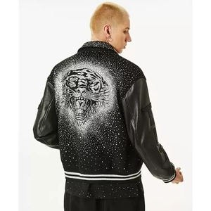 Blouson d'aviateur clouté bling zippé à strass avec diamants pour extérieur surdimensionné personnalisé pour hommes vestes en cuir manteaux - Product Image 3