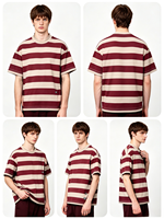T-shirt ample à col rond pour homme, rayures larges bordeaux et beige, style vintage, 100% coton respirant, tailles XS-XXL