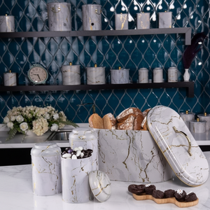 4 Pcs Round Tin <b>Box</b> Kitchen <b>Set</b> Dome Lid Marble White Marble White Design - Product Image 3