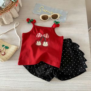 Tongxingyuan Girls Summer Sleeveless Top With Polka Dot Shorts Set Red Cherry Print Cotton Outfit For Kids - Product Image 2