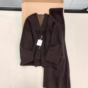 2025 Set di Cardigan con scollo a V marrone lavorato a maglia morbido da <span class=keywords><strong>donna</strong></span> con coulisse pantaloni larghi, abito di fascia alta delicato stile pigro dan-7 - Product Image 4