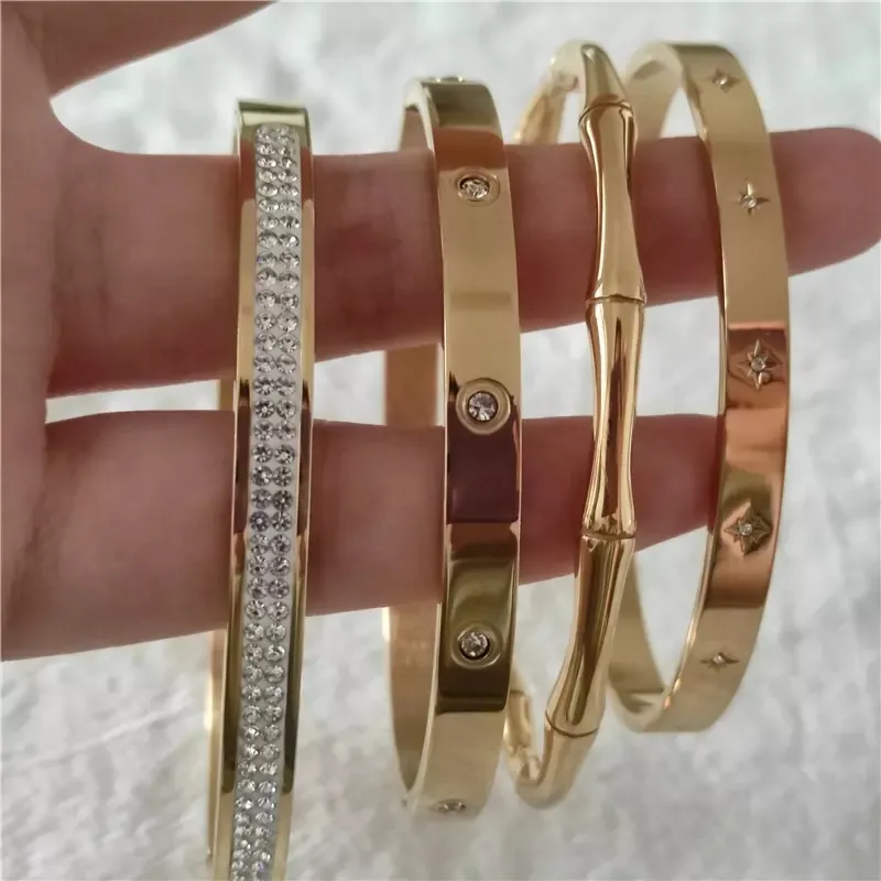 Fashion Bamboo Bangle 18k Gold Plated Diamond Bangles Bracelet Women Stainless Steel Jewelry