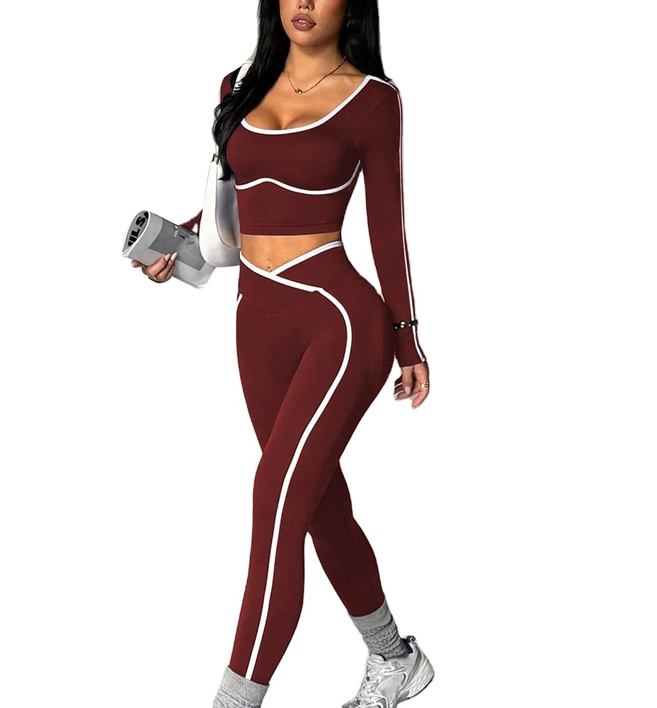 New Women Seamless Color Block Compression V Waist Pants Yoga Fitness Sets Long Top Lady Gym Sports Wear Suits
