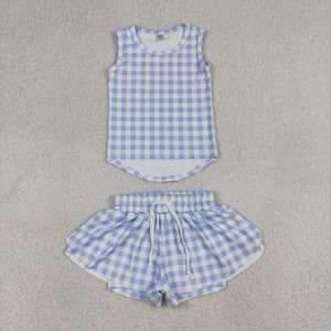 Ensemble de tenue de tennis bleu à carreaux pour petites filles, débardeur sans manches à col rond extensible et doux pour enfants, short fluide coupe crayon - Product Image 6