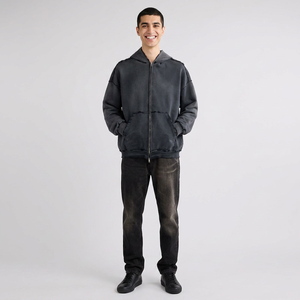 Sudadera con capucha unisex de algodón no tejido French Terry con bordado pesado, corte regular, largo regular, cremallera, efecto desgastado y lavado ácido. - Product Image 1
