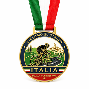 เหรียญรางวัลโลหะสำหรับผู้เข้าเส้นชัยงาน Gran Fondo Custom Italy Road Cycling พร้อมริบบิ้น ขายส่ง <span class=keywords><strong>Corsa</strong></span> Su Strada Medaglia Finisher Premio - Product Image 1