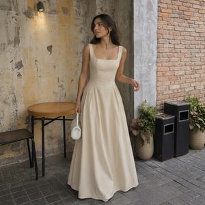 Vestido Largo Plisado Beige Chic de Verano para Mujer, Cuello Cuadrado, Cintura Natural, Ecológico, Ideal para Fiestas Casuales - Product Image 1