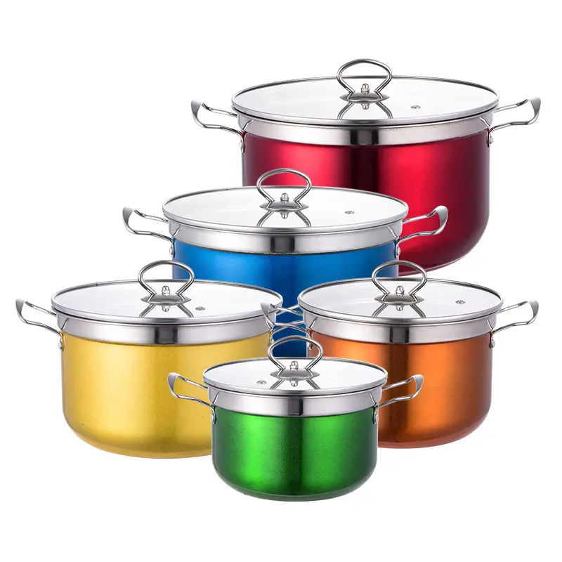 Juego de utensilios de cocina antiadherente de acero inoxidable, 10 Uds., juego de ollas de cocina de cinco colores, juego de ollas novedoso para regalo de cocina casera