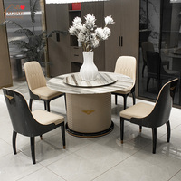 Ensemble de table à manger en bois de style italien moderne, 6 chaises, plateau en marbre rotatif, finition laquée noire brillante, salle à manger de luxe pour villa