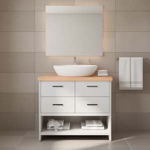Meuble-lavabo de salle de bain moderne avec vasque en céramique, largeur 39,4 pouces, tiroirs en bois massif, finition brun clair, design minimaliste, sur pieds - Product Image 2