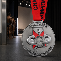 Médaille de championnat de musculation personnalisée, fabrication en gros, relief 3D, bras musclés, alliage de zinc argenté antique, récompense sportive