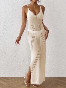 Robe maxi en maille à col en V et fentes latérales, 6 couleurs, transparente, pour femme, tenue de plage, cache-maillot de bain - Product Image 3