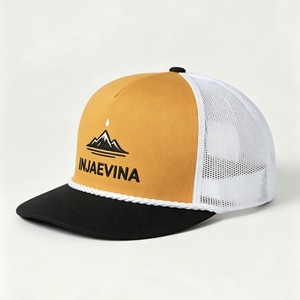 Custom 5 Panel <b>Flat</b> Brim Trucker <b>Hat</b> With Rope Two Tone Color Block Embroidered Logo Snapback Vintage Outdoor Mesh Baseball Cap - Product Image 1