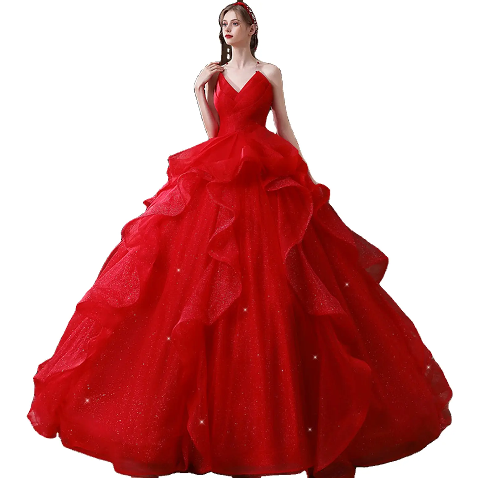 Trend ing V-Ausschnitt Plissee rotes Korsett Brautkleid für Braut Civil White Ruffle Braut Brautkleider