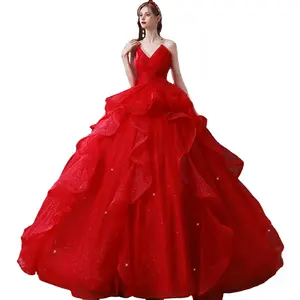 Trending V neck Pleated Red Corset Wedding Gown for Bride Civil White Ruffle Bridal Wedding Dresses