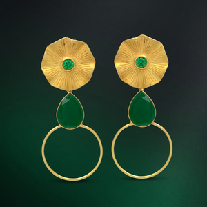 Gold Plated Brass Ethnic Drop Green <b>Onyx</b> <b>Earrings</b> for Engagement Wedding Party Handmade - Product Image 4
